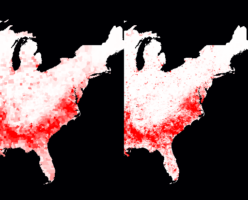 Percent of population that is black; by counties on left, by census tracts on the right